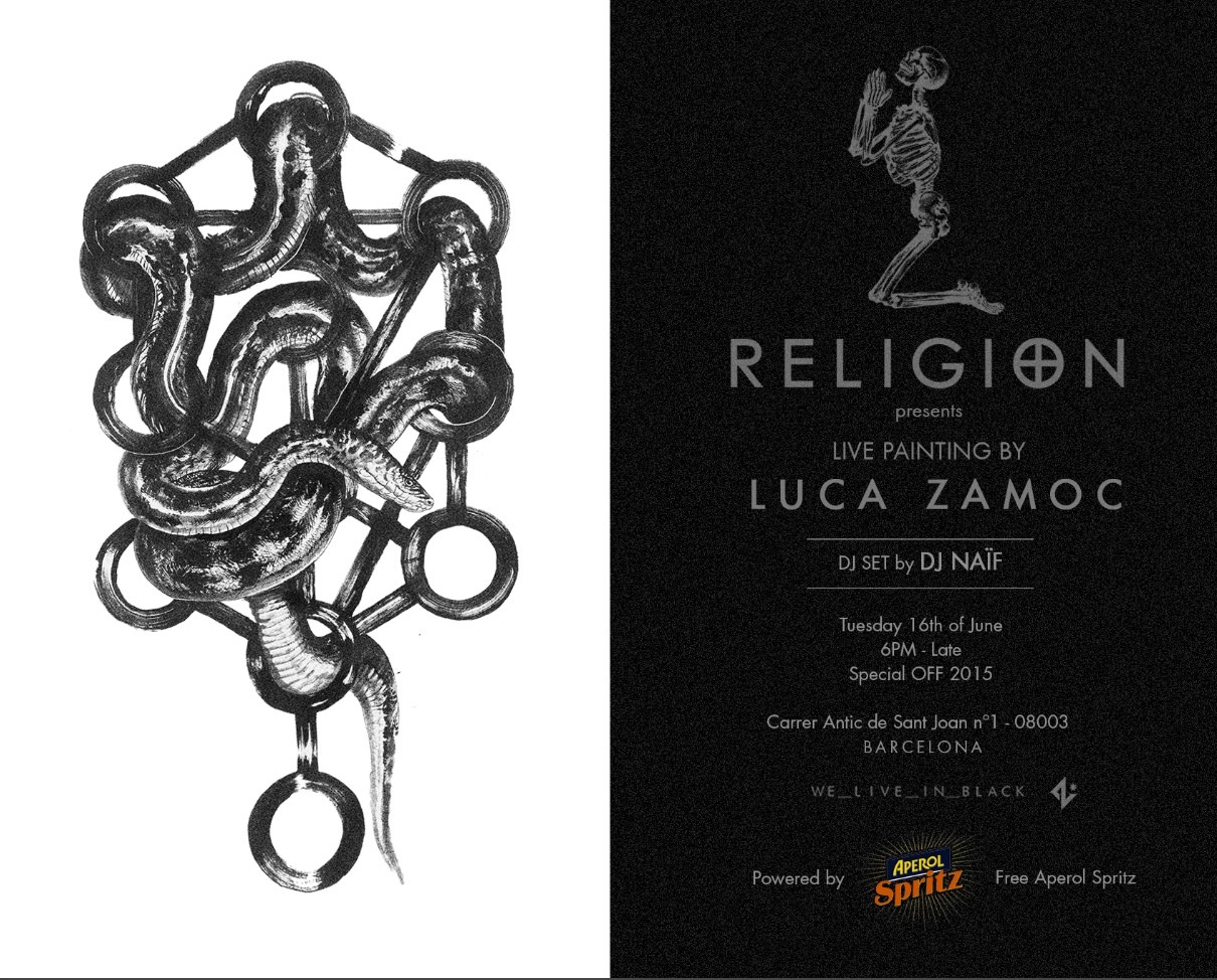 Religion event flyer featuring live painting by Luca Zamoc
