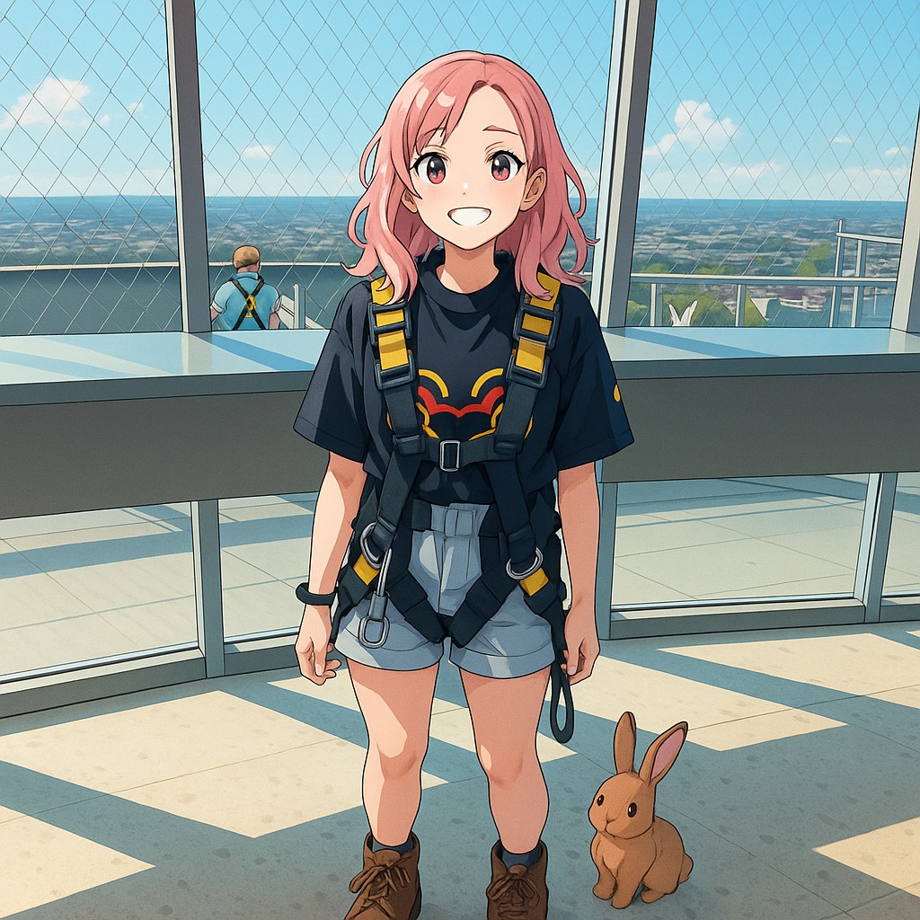 An illustrated solo portrait in a climbing harness, with a small rabbit