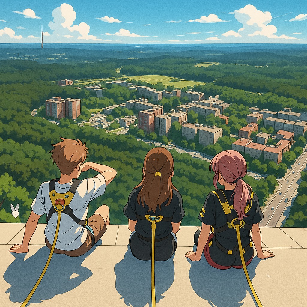 An illustrated group overlooking a city