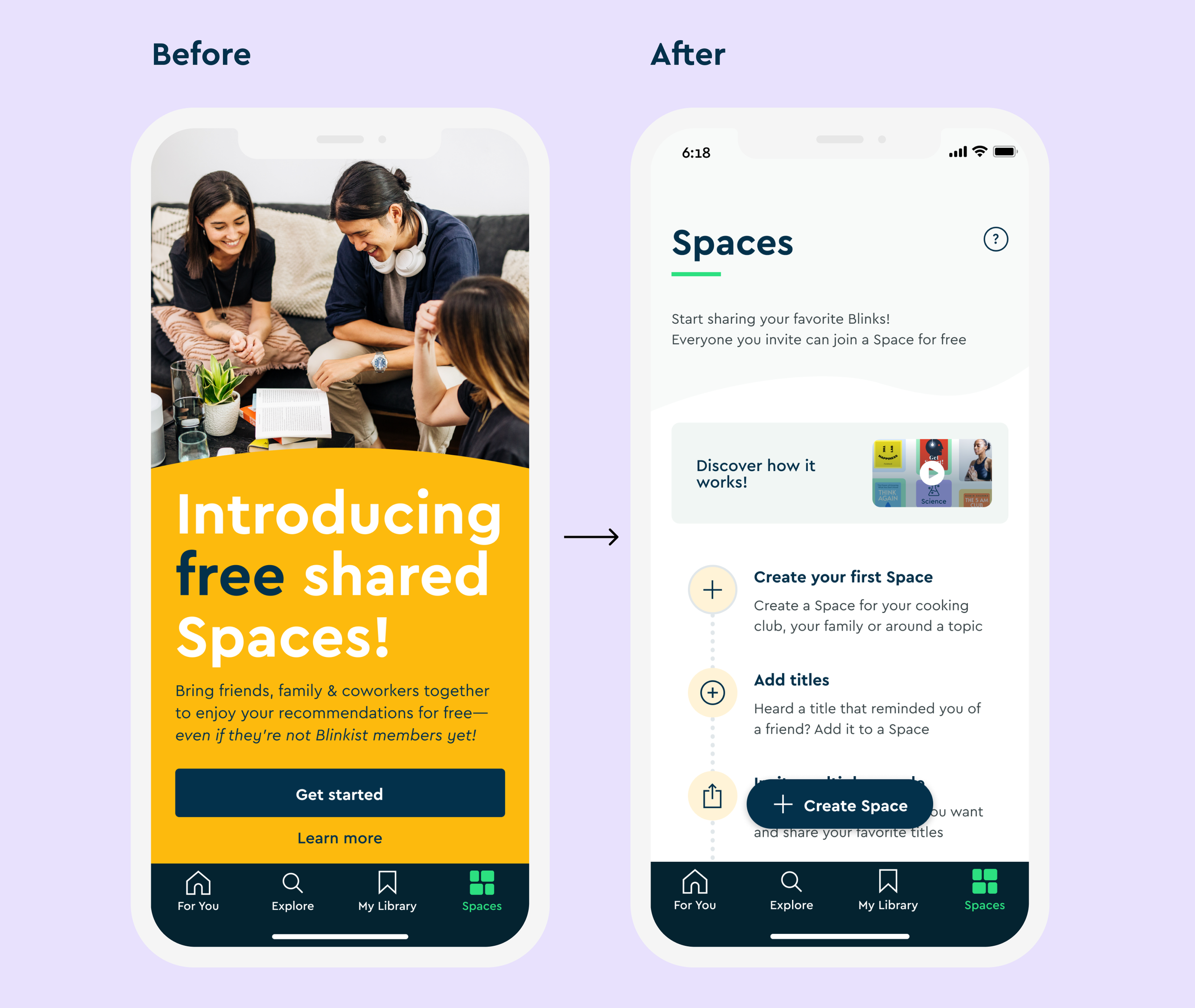 Before and after: communicating the value of Blinkist Spaces