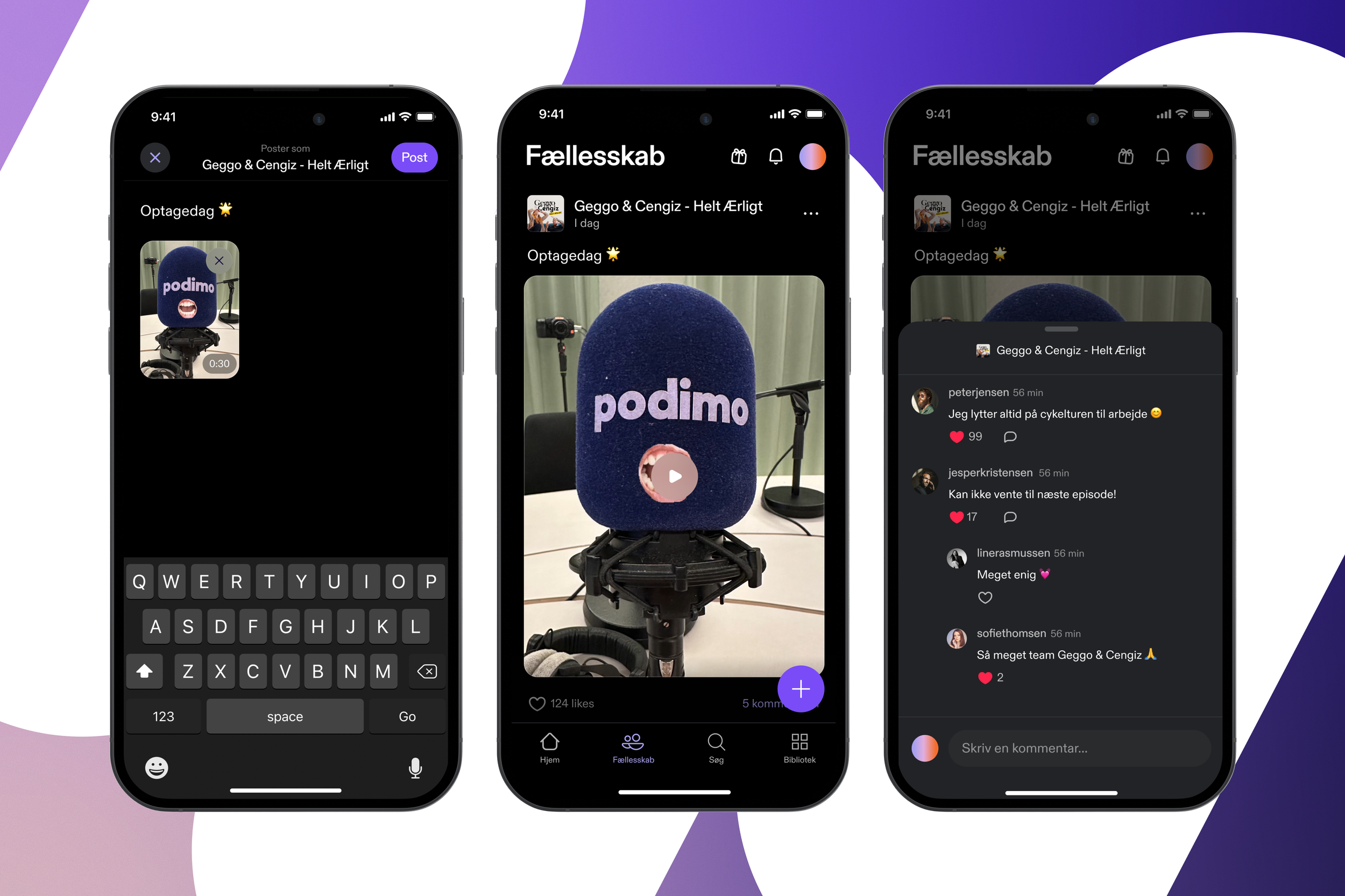 Three screens showing creator posting, the Community Feed and comments
