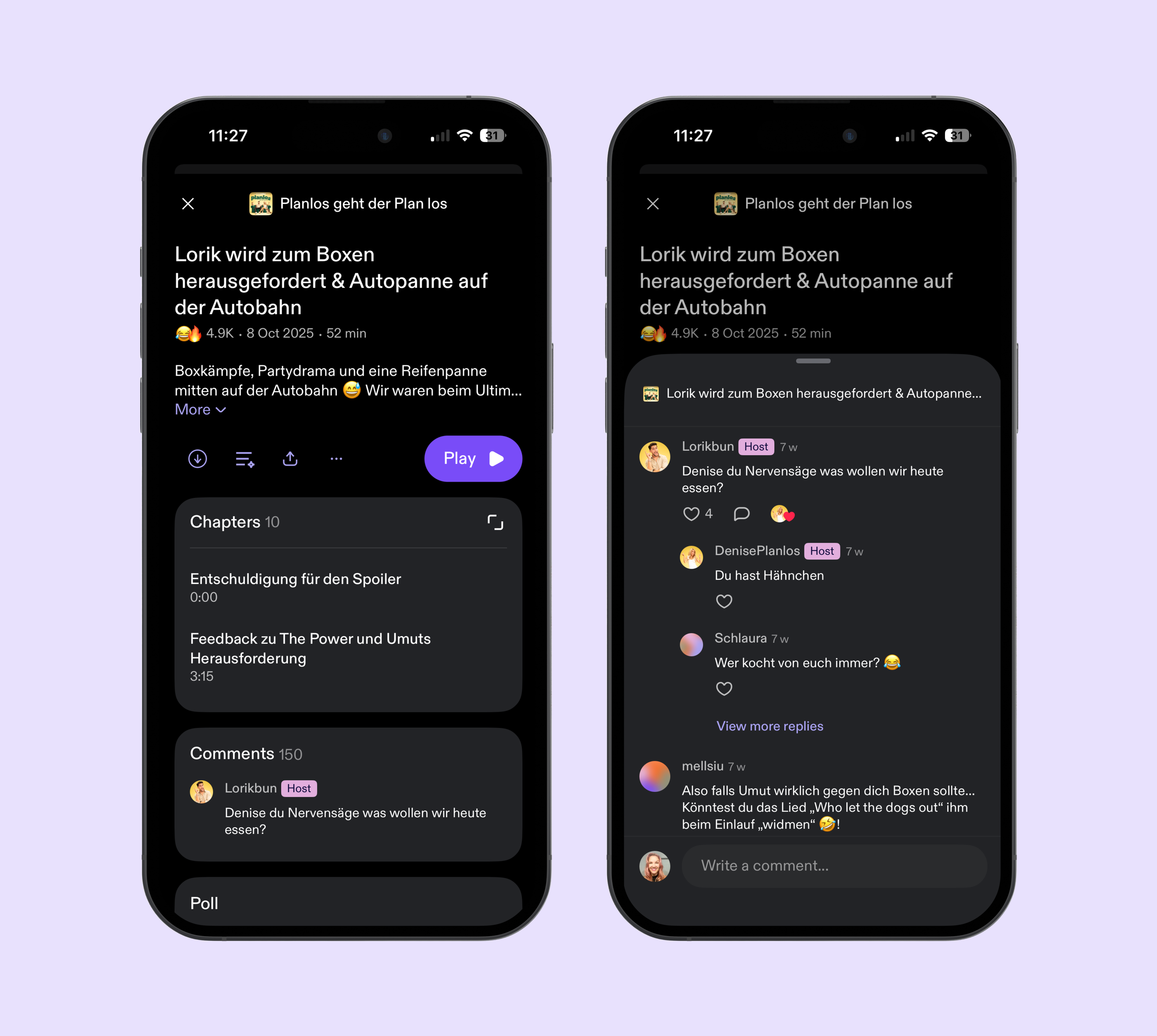 Two player screens with the comment section open showing creator participation