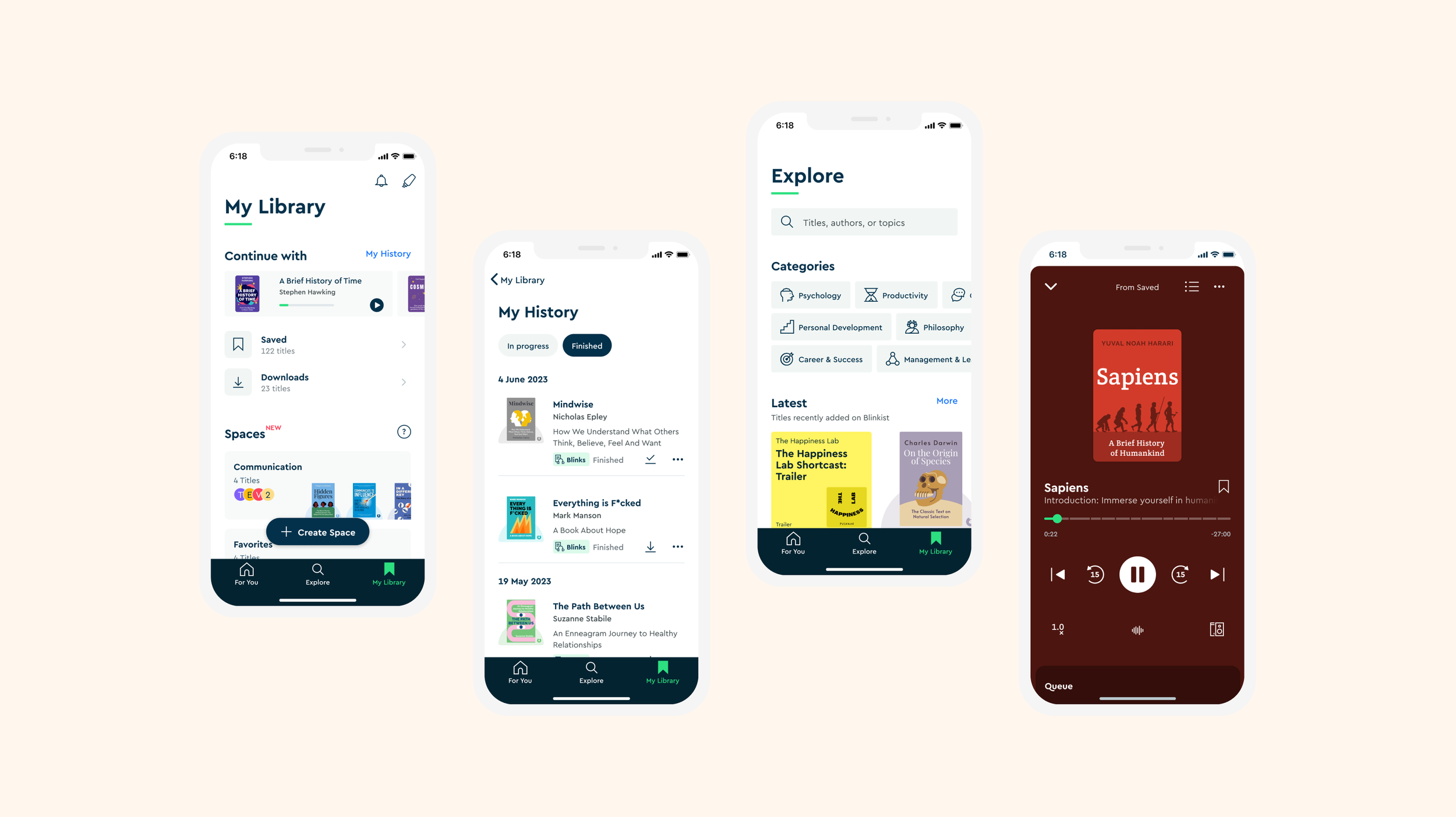 Four Blinkist screens showing the Library, History, Explore and player