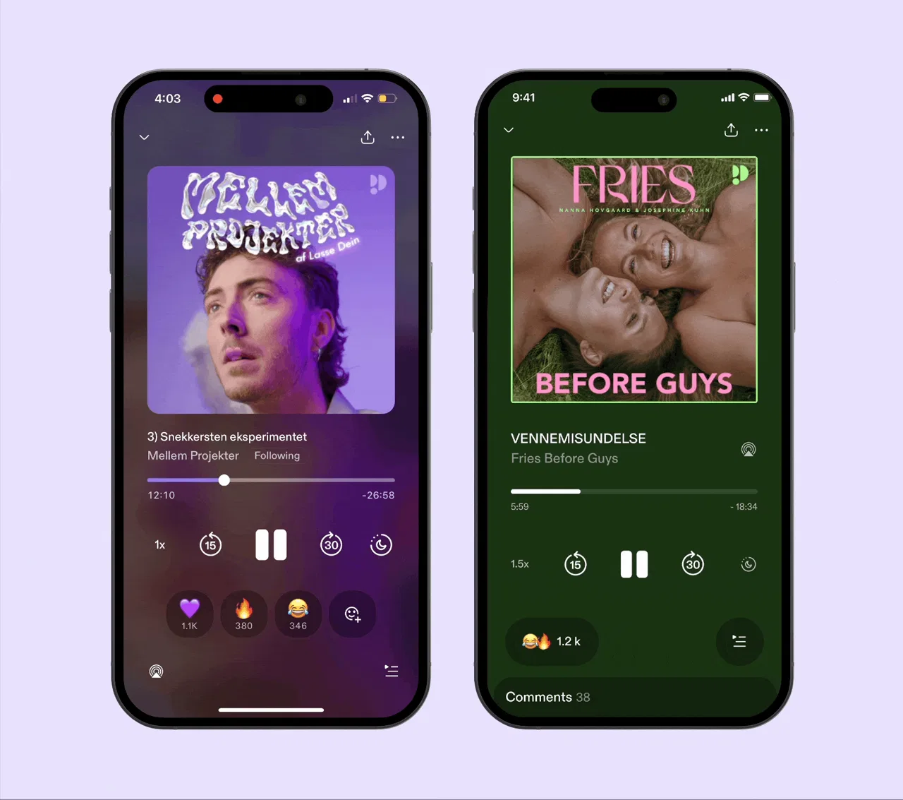 Before: reactions and comments hidden below the listening controls