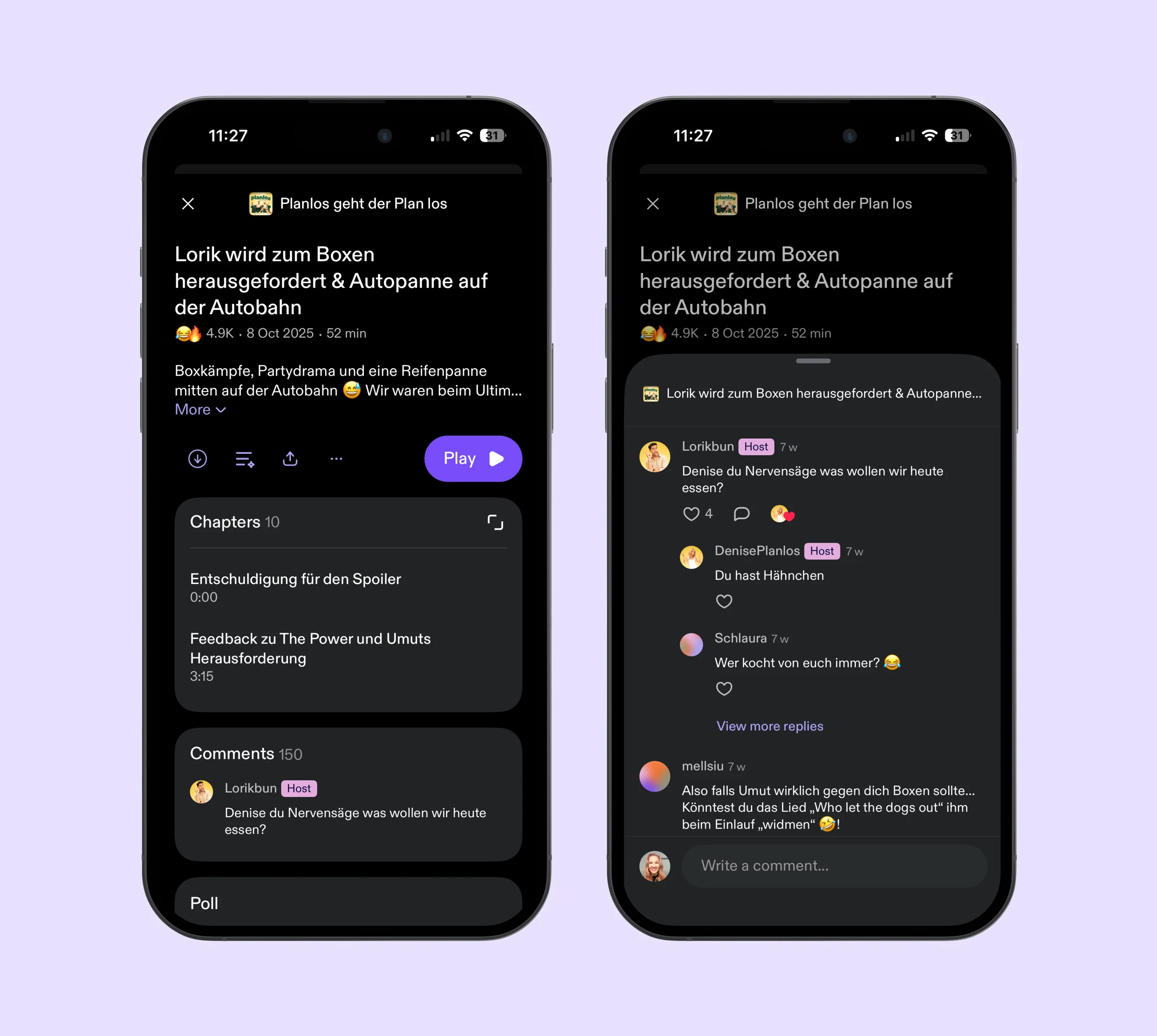 Two player screens with the comment section open showing creator participation